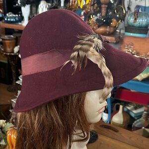 Vintage Burgundy Feathered Wide Brim Wool Hat